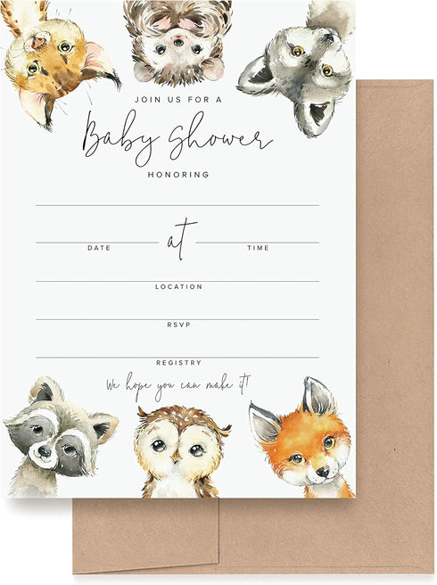 Bliss Collections 25 Baby Shower Invitations with Envelopes Woodland Animals, Forest Creatures, Fox, Owl, Racoon, Wolf, Hedgehog, Bobcat - Gender ...