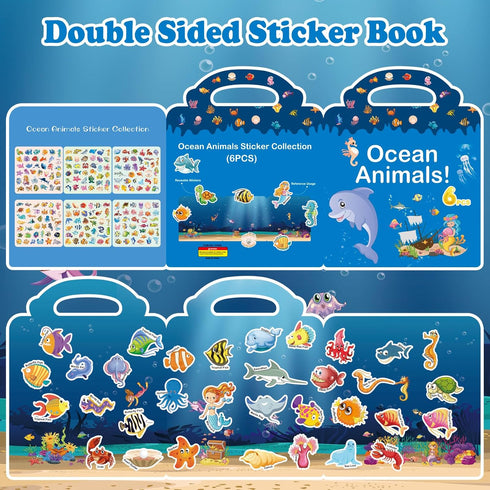 214 PCS Ocean Animals Reusable Sticker Books for Kids, 6 Sheets Reusable Stickers for Toddlers, Cute Waterproof Toddler Stickers Age 3+, Window Cl...