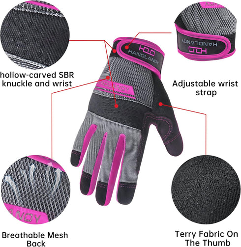 HANDLANDY Women Safety Work Gloves Utility Touch Screen Working Grip Glove for Yardwork Gardening Breathable Mechanic Gloves Hot Pink...