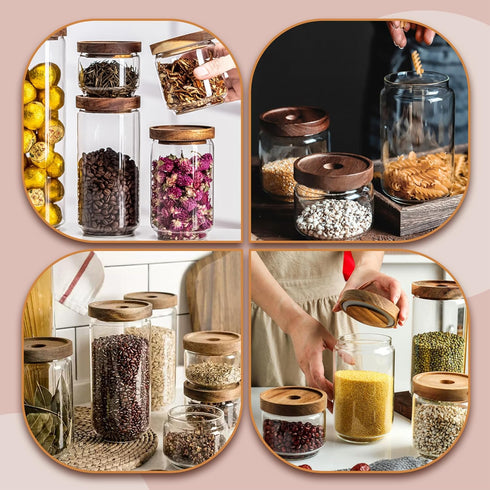 720ML/24Oz Clear Cute Glass Storage Canister Holder with Stackable Airtight Wood Lid, Modern Decorative Container Jar for Coffee, Spice, Candy, Sa...