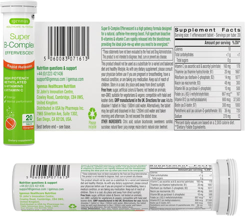 Super B-Complex Liquid B-Vitamin Effervescent Drink, Methylated, Fast Action Energy Supplement, Caffeine-Free, Sugar-Free, Orange Flavor, Vegan, 2...