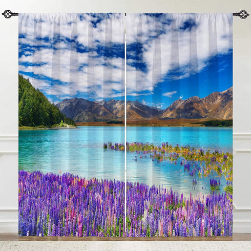 ANHOPE Floral Curtains Nature Landscape Theme Window Drapes with Lavender Flower Lake Mountain Scenery Scene Print Pattern Rod Pocket Curtains for...