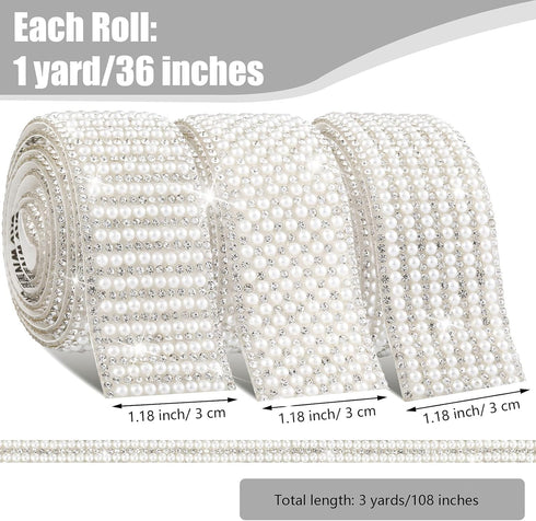 3 Rolls Pearl Diamond Self Adhesive Ribbon Rhinestone Pearl Beaded Ribbon Sticker Crystal Chain Banding for Crafts DIY Wedding Birthday Party Phon...