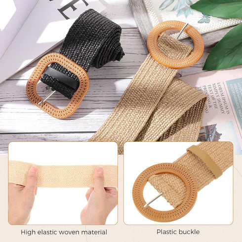 6 Pack Straw Woven Elastic Stretch Waist Belt Rattan Earrings Set for Women, Tassel Dangle Bohemian Earrings and Braided Belt (Black, Khaki, Rusti...