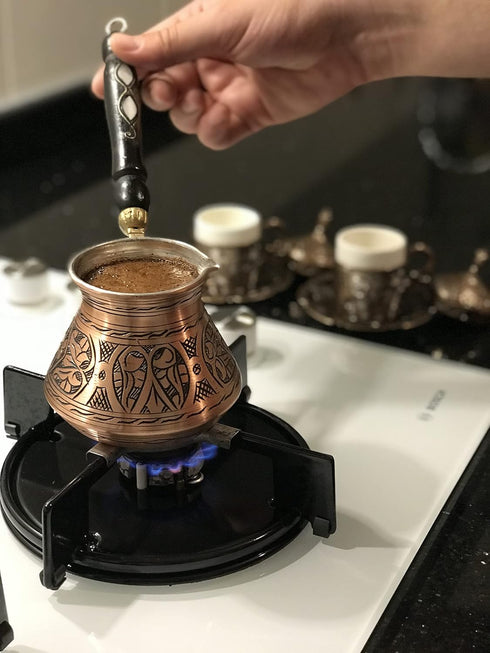 BCS 12 Oz Copper Turkish Greek Arabic Coffee Pot with Wooden Handle (4 servings) Cezve Ibrik Briki Stovetop Coffee Maker (Includes Wooden Spoon)...
