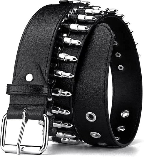 Bullet Studded Belt, Punk Rivet Belt Black Leather Rock Belt with Silver Bullet for Women Men...