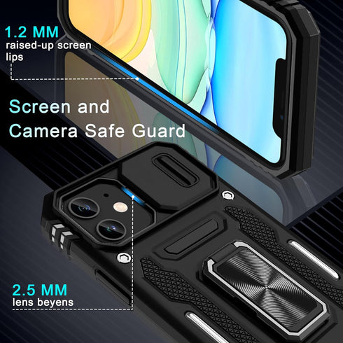 DEERLAMN for iPhone 11 Case with Slide Camera Cover+Screen Protector(2 Packs),Rotated Ring Kickstand Military Grade Shockproof Protective Cover-Bl...