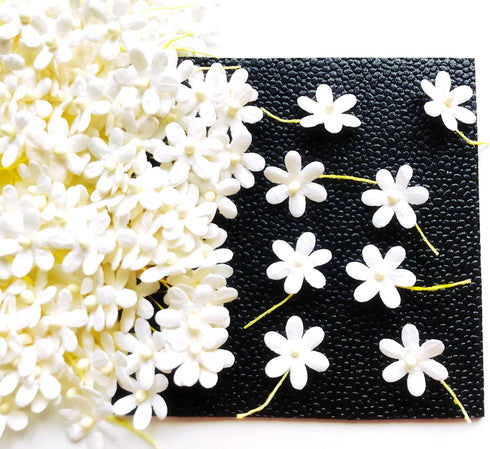 PL Set of 50 Tiny White Flowers Embellishment with Thread stem Size 0.55" Mulberry Paper Flowers Craft Supplies Scrap Booking Embellishments for s...