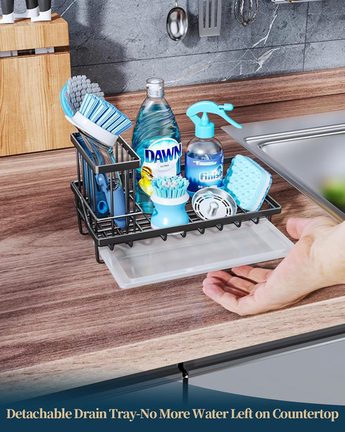 Consumest Sink Caddy-Kitchen Sponge Holder + Dish Brush Holder for Kitchen Sink, Sink Organizer with Drip Tray for Countertop Stainless Steel Rust...