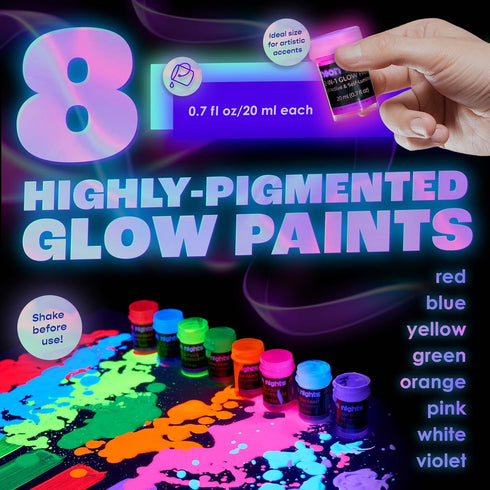 neon nights 2-IN-1 Glow In The Dark Acrylic Paint Set Glows in the Dark & under UV Blacklight - Set of 8 Self-Luminous Neon Paints for Halloween -...