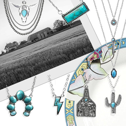 8 Pcs Western Necklaces for Women, Multi-Layered Navajo Pearl Necklace, Triple Turquoise Pendant Necklace, Western Necklaces in Many Different The...