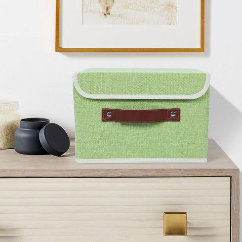 Collapsible Storage Bins with Lids & PU Leather Handles - PP Plastic Board Washable Linen Fabric Storage Box, Foldable Storage Cube for Home Bedro...