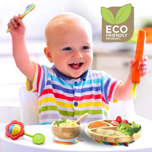 NutriChef Baby and Toddler plate - silicon suction, 3 compartment, Non-toxic All-natural Bamboo Baby Food plate (Rainbow)...