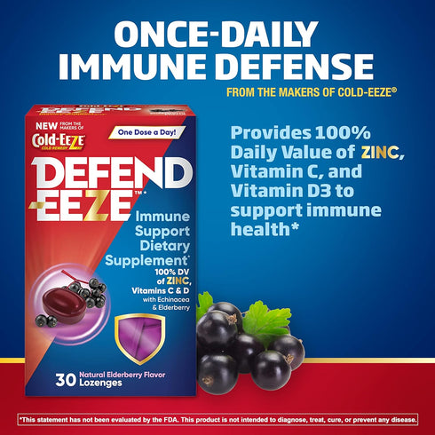 Defend-EEZE Immune Support Dietary Supplement Lozenges, 100% Daily Value of Zinc, Vitamins C & D per Dose, with Echinacea & Elderberry, Elderberry...