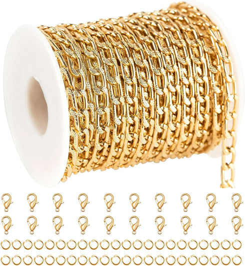 YOUBEIYEE 10 Meters Aluminum Jewelry Making Chains Bulk Delicate Embossed Curb Link Chain Gold Plated Chain on Spool with Jewelry Making Supplies...