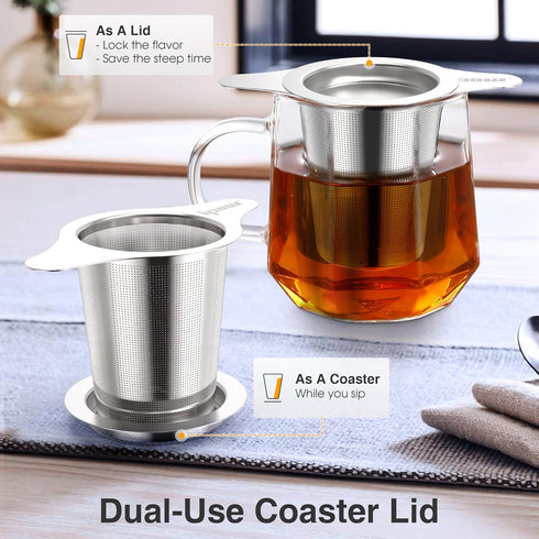 IPOW 2 Pack Extra Fine Mesh Coffee Filter with Coaster Lid and Double-sided Handle, Micron Mesh Tea Infuser for Loose Tea, Food-grade Stainless St...