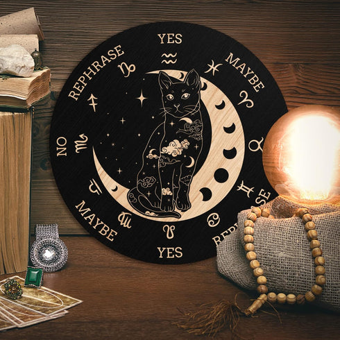 Wooden Pendulum Board 7.9" Cat Moon Witch Dowsing Divination Planchette Board Metaphysical Message Board with Healing Crystal Necklace Witchcraft ...