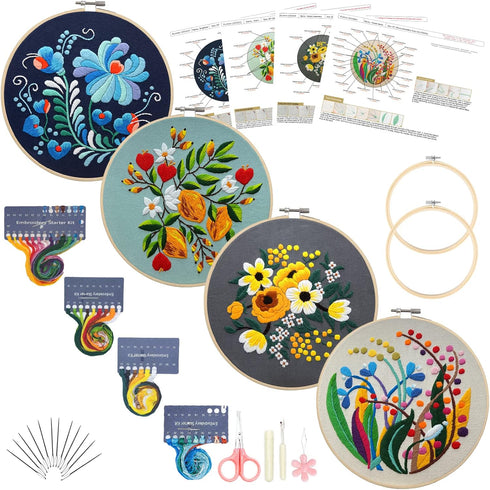 Picoey Modern Flower Heart Embroidery Kit for Beginners with Pattern and Instructions,4 Pack Cross Stitch Kits,2 Wooden Embroidery Hoops,Threads a...