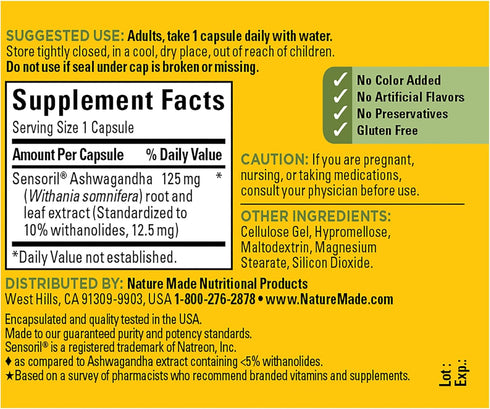 Nature Made Ashwagandha Capsules 125mg for Stress Support, 60 Capsules, 60 Day Supply...