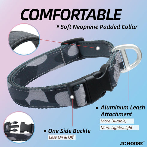 Soft Padded Dog Collar, Neck 9’’-14’’, Adjustable Heavy Duty Collar with 3M Reflective Logo for Small Dogs, Camo Dark Gray, S...