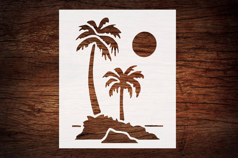Reusable Palm Trees, Beach, Sun & Moon Stencil 8.5" x 11" - Idyllic Scenery Design for Creative Projects...