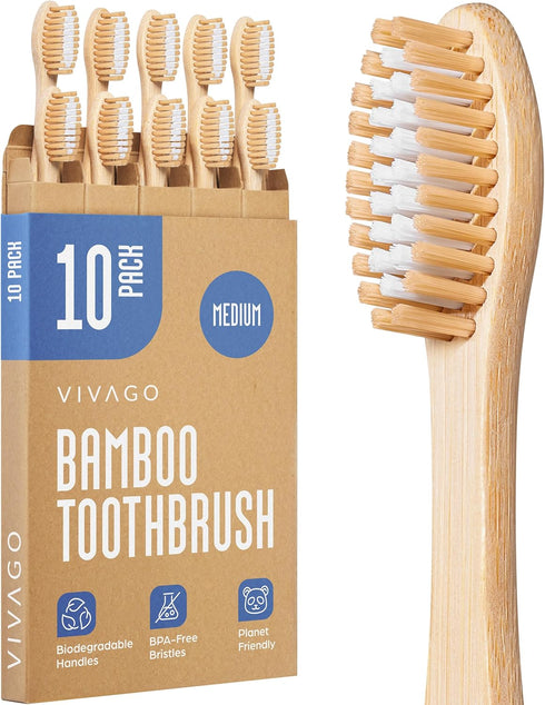 Bamboo Toothbrushes Medium Bristles 10 Pack - BPA Free Medium Bristles Toothbrushes for Adults | Eco-Friendly, Compostable & Biodegradable Toothbr...