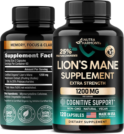 Organic Lions Mane - Certified Mushroom Supplement - Made in USA - Fruiting Bodies Extract - 1200 mg, 25% Polysaccharides - Memory & Focus - As Li...