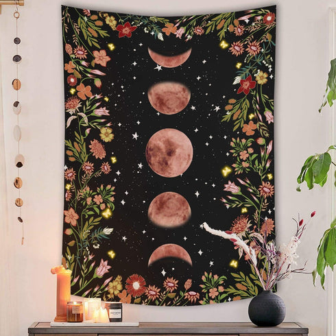 Rexful Moonlit Garden Tapestry, Moon Phase Surrounded by Plants and Flowers Black Wall Hanging Blanket 44×60 inch...