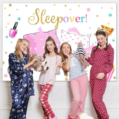 Mocsicka Sleepover Party Backdrop Sleepover Pajamas Pillow Fight Pink Girl Party Decorations Slumber Party Banner Photography Background Cake Tabl...
