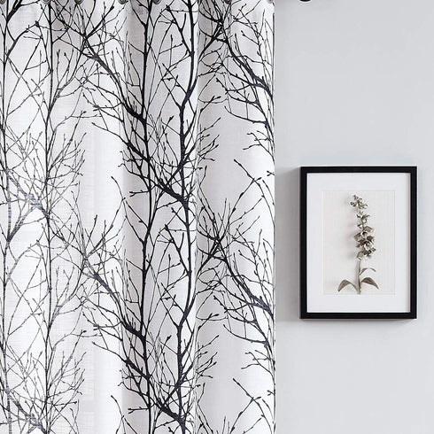 FMFUNCTEX Sheer Side Front Door Curtains 40" White Black Branch Tree Half Print Curtain for Patio Doors with Matching Tiebacks 24”w 2 Panels...