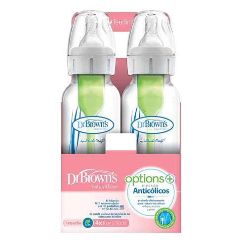 Dr. Brown’s Natural Flow® Anti-Colic Options+™ Narrow Baby Bottles, 8 oz/250ml, with Level 1 Slow Flow Nipple, 4 Pack, Pink/Clear...