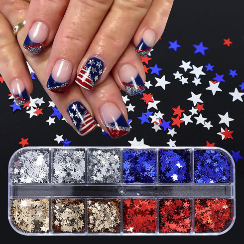 12 Grids 4th of July Nail Art Glitters Sequins 3D Holographic Nail Glitter Flakes Independence Day Nails Sequins Mixed Color Star Nail Flakes Lase...