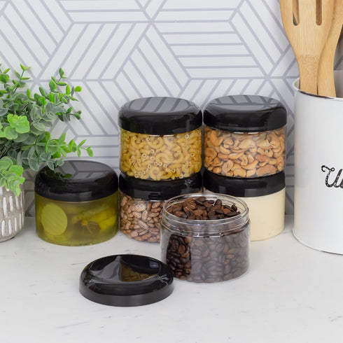 Cornucopia Brands 12 Ounce Clear Plastic Jars w/Black Plastic Lids (6-Pack); BPA Free PET Stackable Canisters for Bathroom & Kitchen Storage...