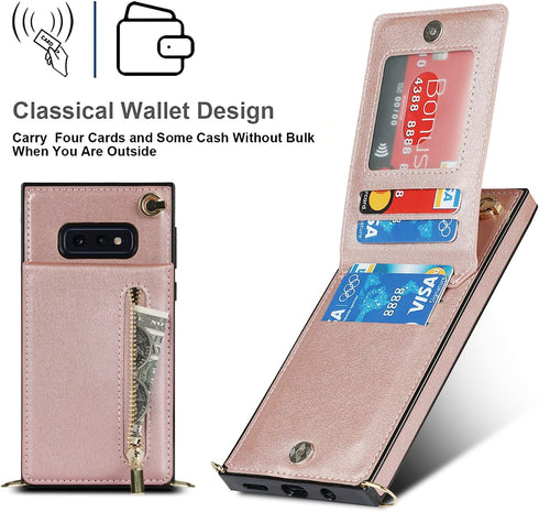 Phone Case for Samsung Galaxy S10e Wallet Cover with Crossbody Strap Leather Card Holder Flip Cases Lanyard Kickstand Credit Slots Magnetic Clasp ...