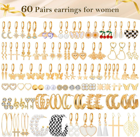 Thrilez 60 Pairs of Earrings for Women, Hypoallergenic Earring Set for Teen Girls Include Chunky Hoops, Huggie Earrings, Dangle Earrings, Pearl Ea...