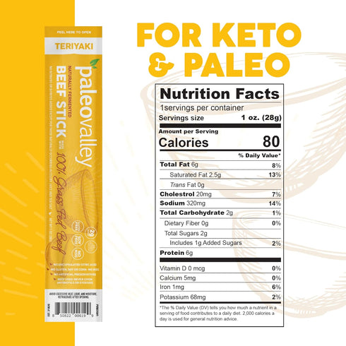 Paleovalley 100% Grass Fed Teriyaki Beef Sticks - Delicious Gluten Free Beef Snack - High Protein Keto Friendly...