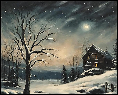 Posterizer 1 pcs-old farm house in snowy winter nature-in oil painting style-12-Landscape & Nature Art-GIft for Men Women Teens-Dining Room Decor-...