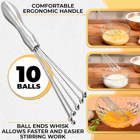 2 Pcs Ball Whisk Set — Stainless Steel Whisk Set with Comfortable Ergonomic Handle | Excellent for Eggs, 10 Ball Head, Easy to Clean — Compact 12”...