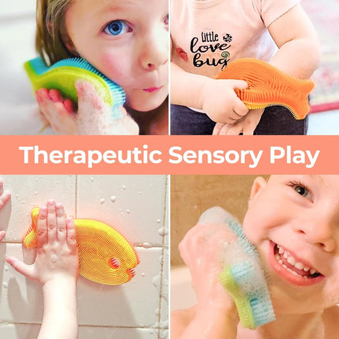 Innobaby Bathin' Smart Silicone Bath Scrub for Babies Toddlers and Adults in Double Sided Sensory Fish Shape, Gently Exfoliate Face and Body, Made...