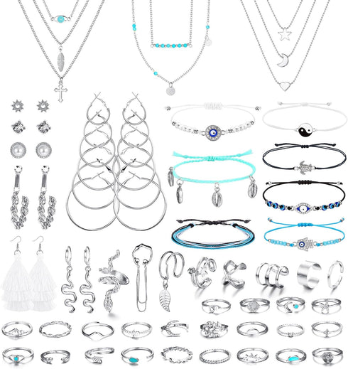 ORAZIO 52 Pcs Jewelry Sets for Women Layered Necklace Adjustable Braided Bracelets Set Dangle Stud Hoop Earrings CZ Stackable Knuckle Ring Set Fas...