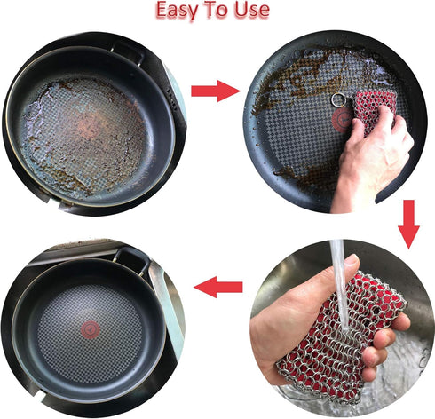 Cast Iron Skillet Cleaner, 316 Stainless Steel Chainmail Scrubber with Silicone Insert for Cast Iron, Grill, Pie Pan, Casserole Dishes...