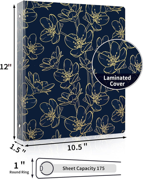 SUNEE 3 Ring Binder 1 Inch, Cute Binder with 2 Pockets, Decorative Pretty Three Ring Binder (Gold Rose on Blue Design) Heavy Duty (Fit 8.5x11 Inch...