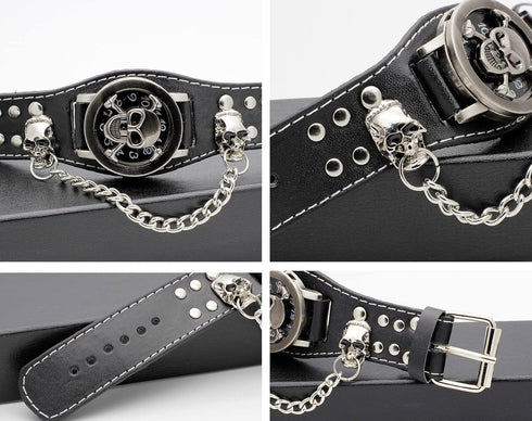 Cool Leather Punk Skull Quartz Men's Wrist Watch,Skull Flip Cover Women's Watch,Skull+Chains+Rivets Elements,Fashion for Valentine's Day Gift...