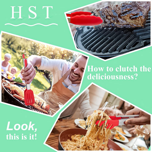 HST 3 Pack Kitchen Tongs, Non Stick Stainless Steel 9 Inch Tongs With Silicone Tip for Cooking BBQ Baking(Red)...