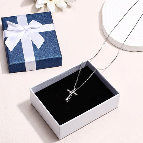 FUNRUN JEWELRY 925 Sterling Silver Cross Necklace for Women 3 Stone Cubic Zirconia Silver Cross Pendant Necklaces with 1 MM Box Chain,18 Inches...