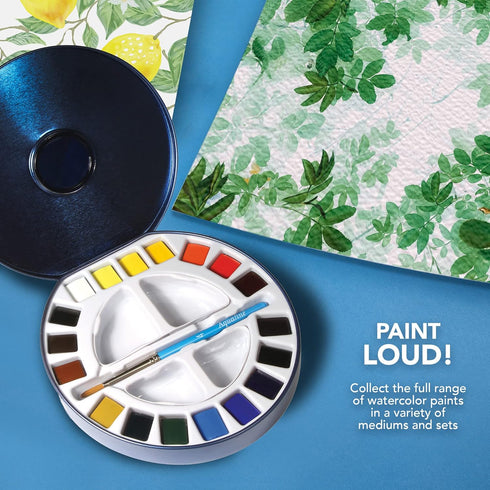 AQUAFINE Watercolour Metallkasten Reise-Dose 18 x 1/2 Naepfchen, 1 Pinsel, 2 Paletten...