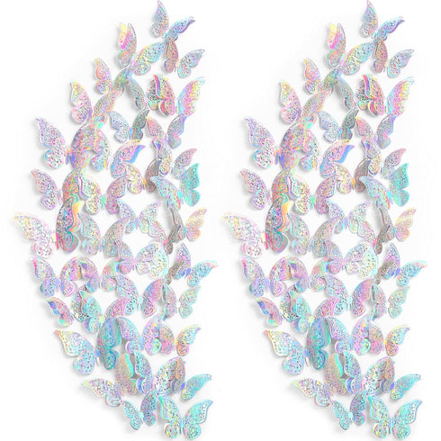 Outus 120 Pieces Sequined Silver 3D Layered Butterfly Wall Decor Removable Butterfly Stickers Hollow Mural Decals for Birthday Cake Decorations Cr...