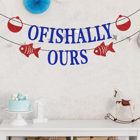 Ofishally Ours Banner, Fishing Adoption Banner, Ofishally Ours Themed Family Party Decor, Welcome Home, Home Party Supply Blue Glitter...