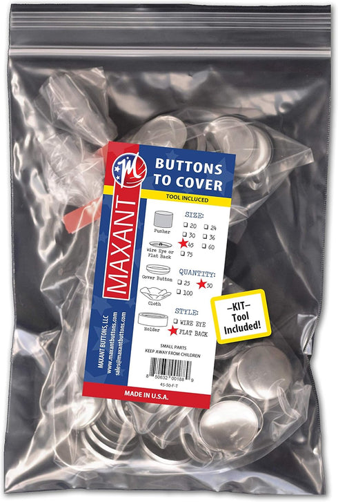 50 Buttons to Cover - Made in USA - Self Cover Buttons with FLat Backs size 45 with Tool...
