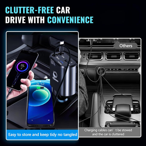 Retractable Car Charger 4 in 1 Fast Car Phone Charger - 66W with 2 Retractable Lightning Cords, USB-A & USB-C Ports to Rapidly Charge 4 Devices at...